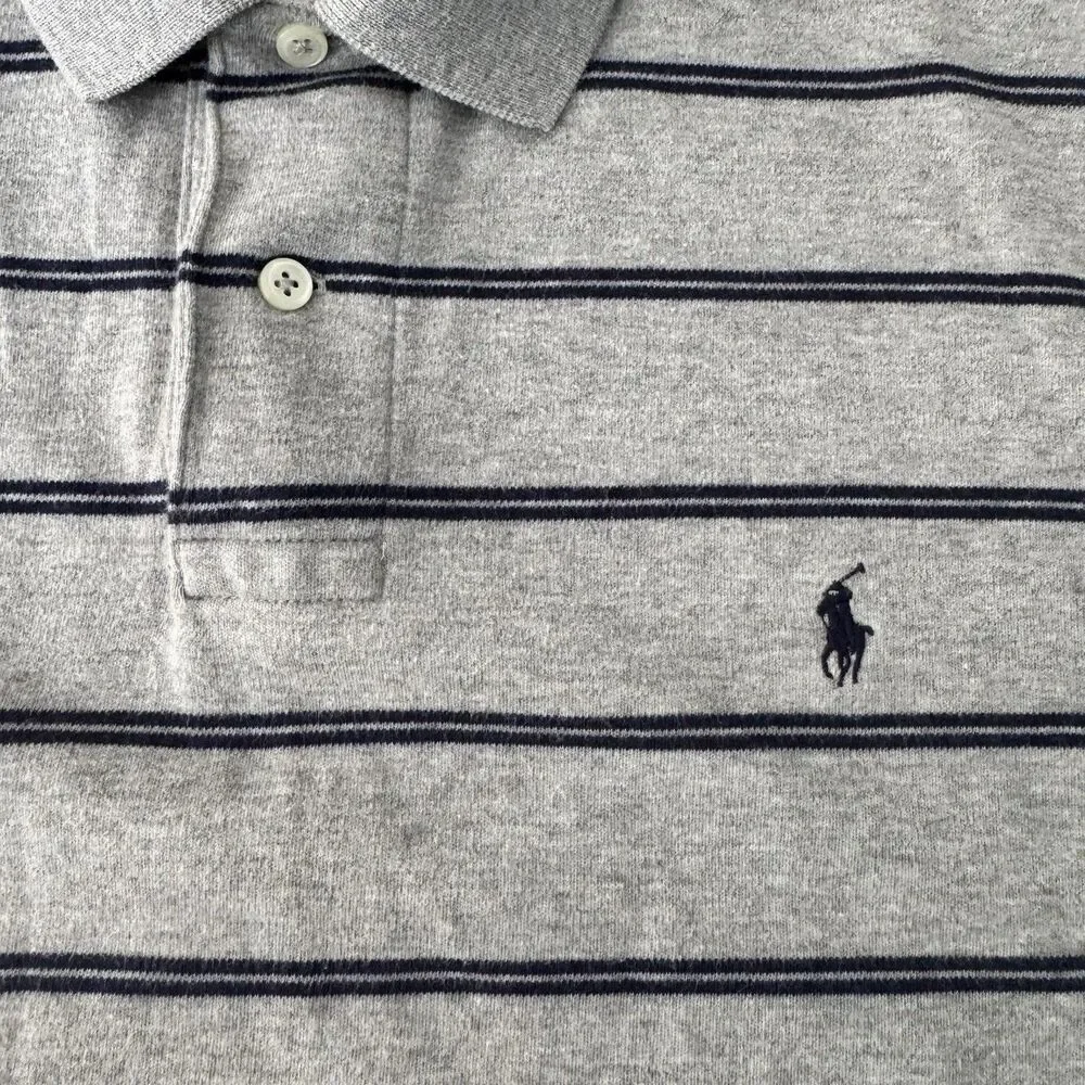 Ralph Lauren Polo Shirt Men L Gray Blue Stripe Golf Classic Cotton Pony Logo